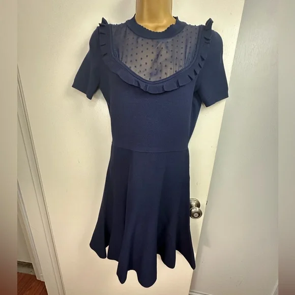 Draper James Ruffle Sheer Yoke Viscose A Line Sweater Dress Nassau Blue NWOT XS - Picture 8 of 16
